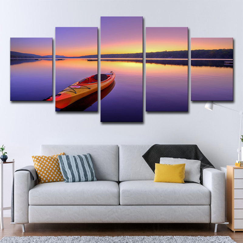 Canvas Multi-Piece Art Print Contemporary Boat on Lake at Dusk Scenery Wall Decor in Purple