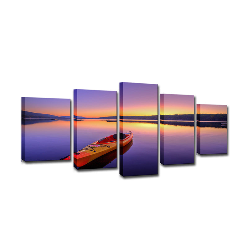 Canvas Multi-Piece Art Print Contemporary Boat on Lake at Dusk Scenery Wall Decor in Purple