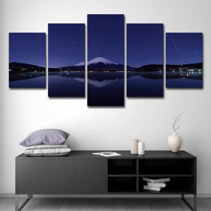 Mount Fuji Night View Art Print Blue-Black Contemporary Wall Decor for Living Room