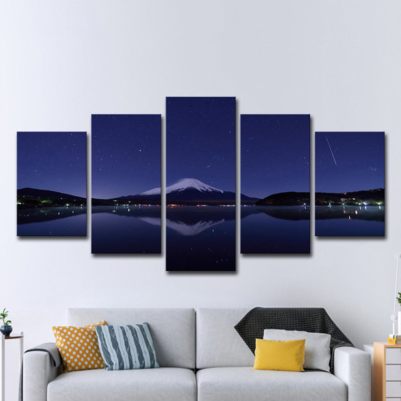 Mount Fuji Night View Art Print Blue-Black Contemporary Wall Decor for Living Room