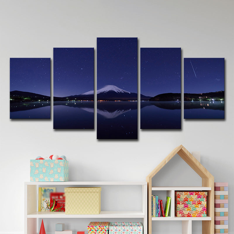 Mount Fuji Night View Art Print Blue-Black Contemporary Wall Decor for Living Room