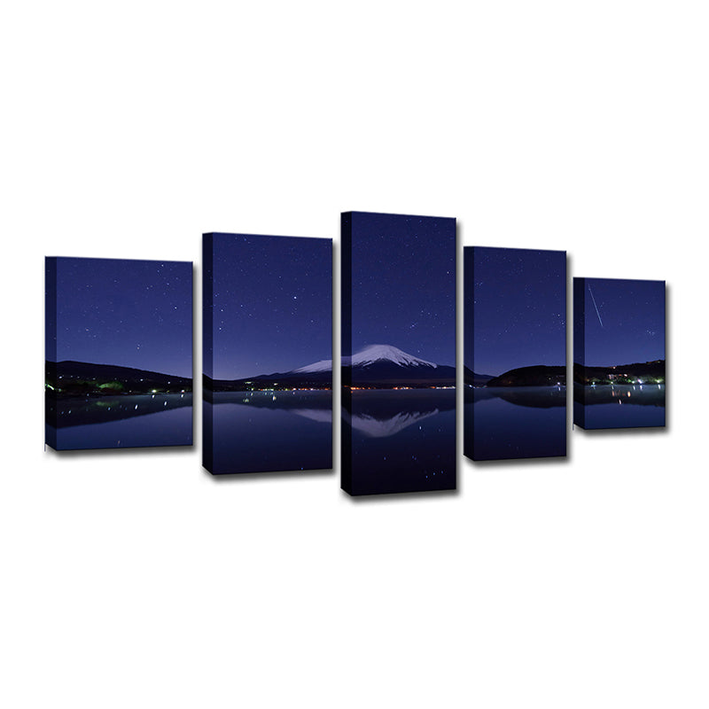 Mount Fuji Night View Art Print Blue-Black Contemporary Wall Decor for Living Room