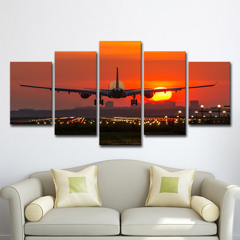 Airplane with Big Moon Art Print Orange Modern Style Wall Decor for Living Room, Multi-Piece