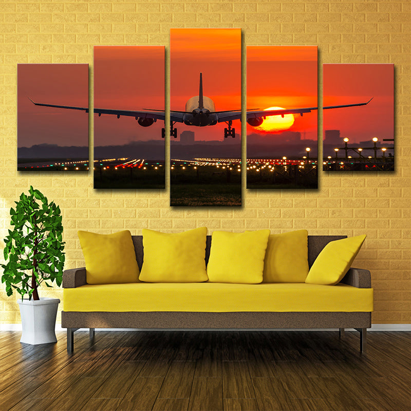 Airplane with Big Moon Art Print Orange Modern Style Wall Decor for Living Room, Multi-Piece