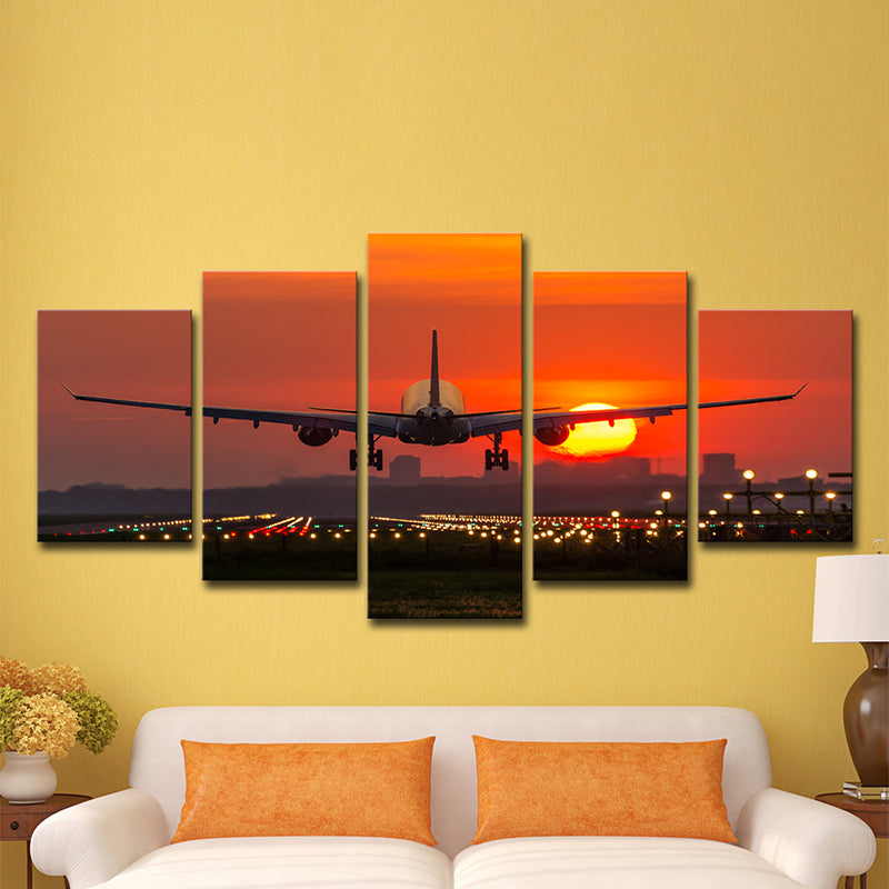 Airplane with Big Moon Art Print Orange Modern Style Wall Decor for Living Room, Multi-Piece