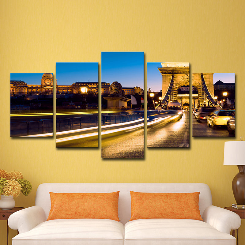 Yellow-Blue Modern Wall Art Decor Road to the Eiffel Tower Canvas Print for Parlor