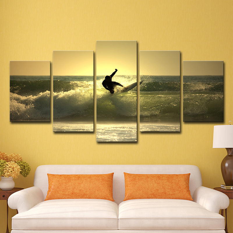 Surfing at Dusk Wall Art Decor Contemporary Multi-Piece Living Room Canvas Print in Yellow