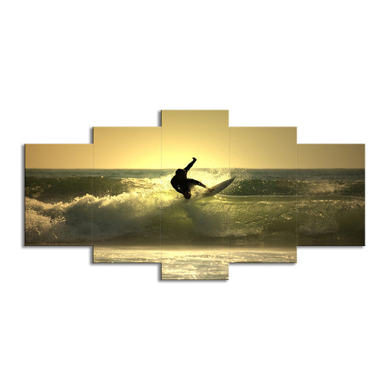 Surfing at Dusk Wall Art Decor Contemporary Multi-Piece Living Room Canvas Print in Yellow