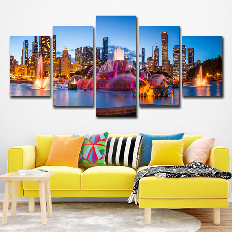 Buckingham Fountain Scenery Art Print Purple Canvas Wall Decoration, Multi-Piece