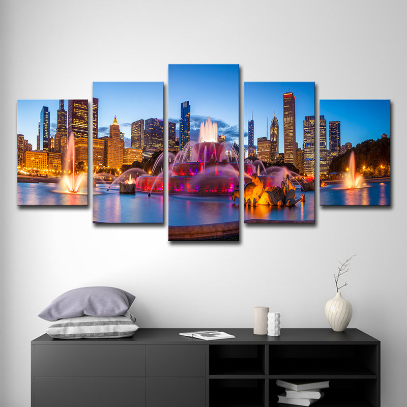 Buckingham Fountain Scenery Art Print Purple Canvas Wall Decoration, Multi-Piece