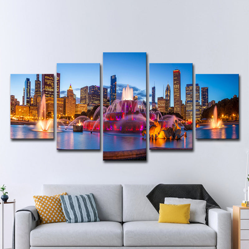 Buckingham Fountain Scenery Art Print Purple Canvas Wall Decoration, Multi-Piece