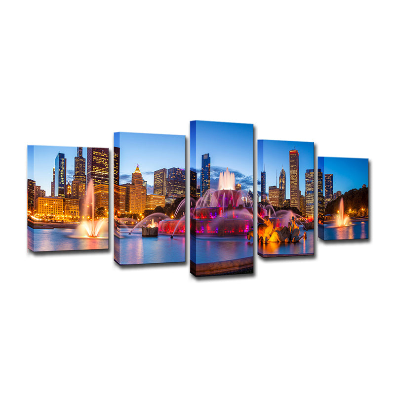 Buckingham Fountain Scenery Art Print Purple Canvas Wall Decoration, Multi-Piece