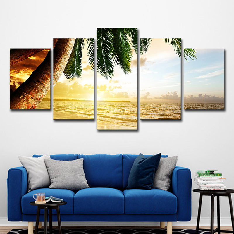 Tropical Sundown Seascape Wall Art Yellow and Green Multi-Piece Canvas for Living Room