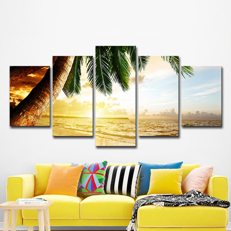 Tropical Sundown Seascape Wall Art Yellow and Green Multi-Piece Canvas for Living Room