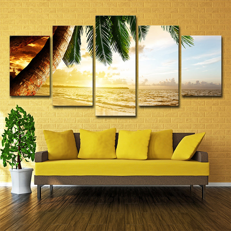 Tropical Sundown Seascape Wall Art Yellow and Green Multi-Piece Canvas for Living Room