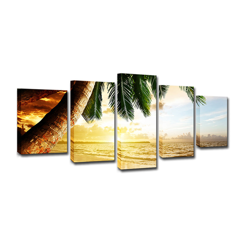 Tropical Sundown Seascape Wall Art Yellow and Green Multi-Piece Canvas for Living Room