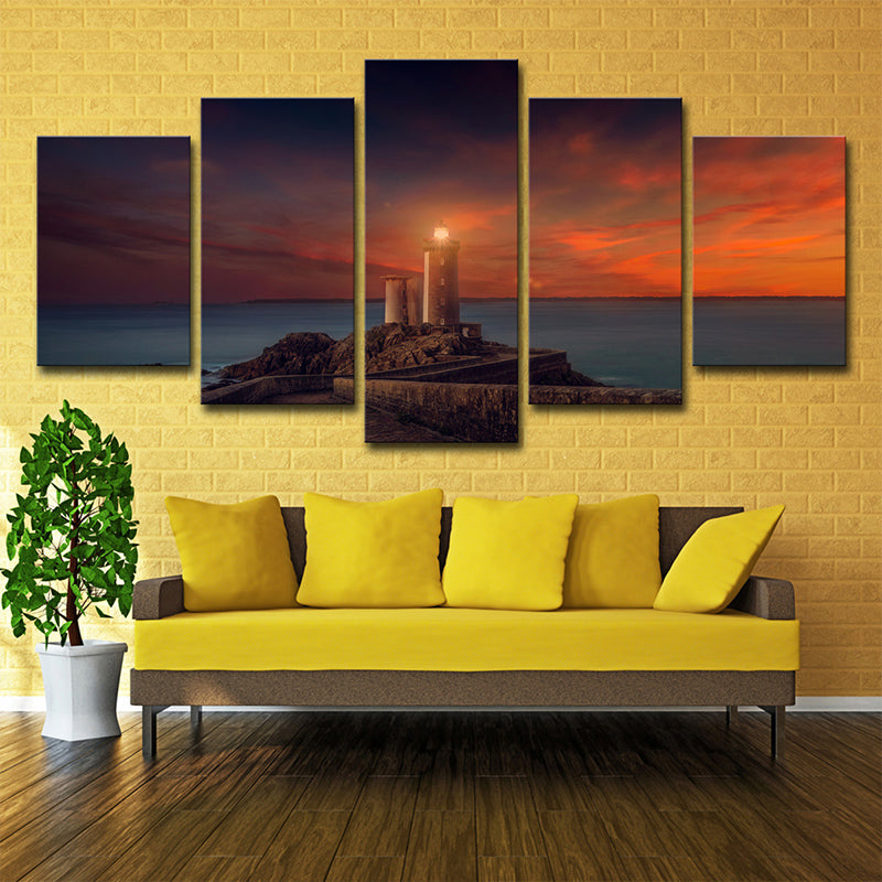 Modern Lighthouse Wall Art Print Orange Sunset Scenery Canvas Print for House Decor