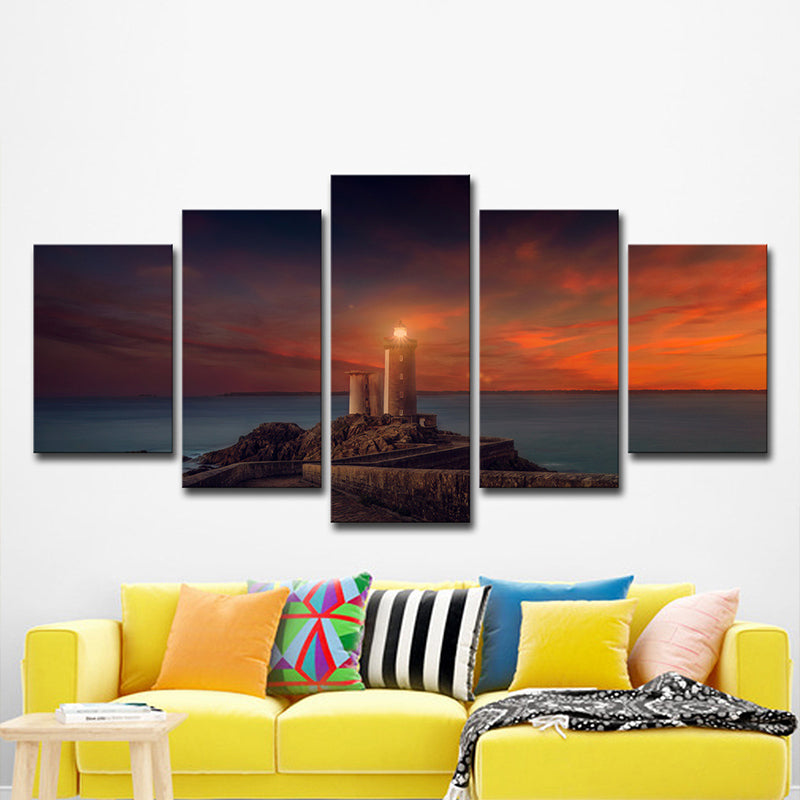 Modern Lighthouse Wall Art Print Orange Sunset Scenery Canvas Print for House Decor