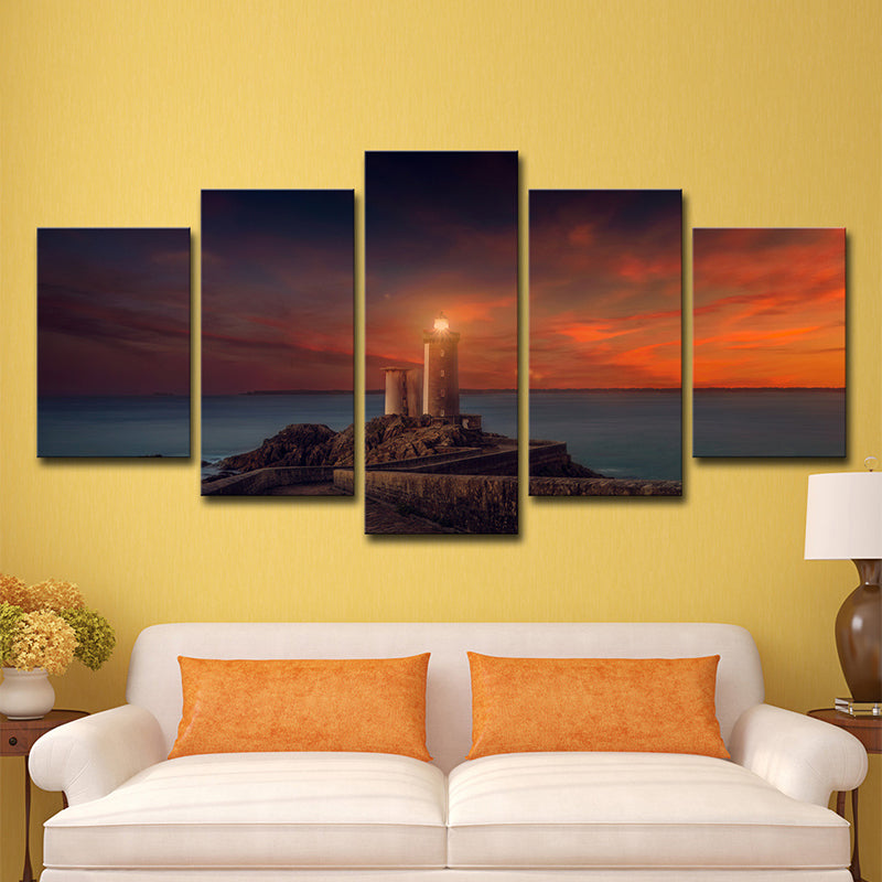 Modern Lighthouse Wall Art Print Orange Sunset Scenery Canvas Print for House Decor