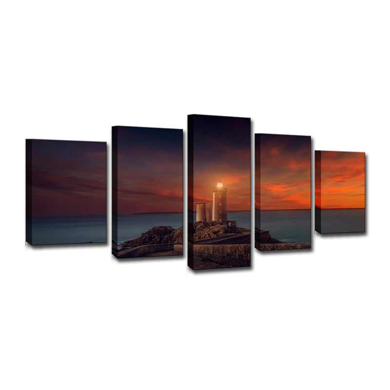 Modern Lighthouse Wall Art Print Orange Sunset Scenery Canvas Print for House Decor