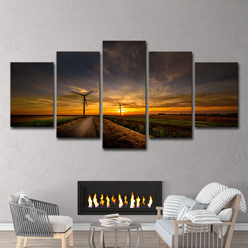 Sunset Country Road Canvas Art Yellow Modern Style Wall Decoration for Living Room