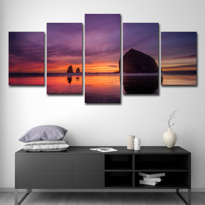 Purple Modernist Wall Art Decor Beach with Evening Glow Scenery Canvas for Bedroom