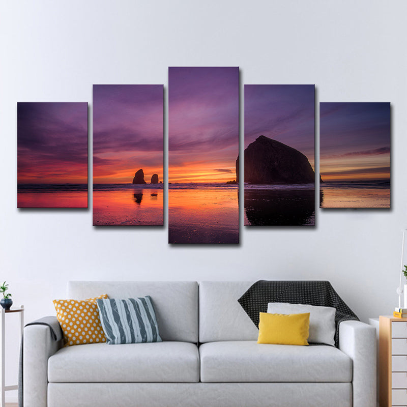 Purple Modernist Wall Art Decor Beach with Evening Glow Scenery Canvas for Bedroom