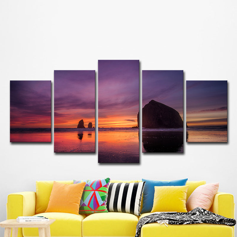 Purple Modernist Wall Art Decor Beach with Evening Glow Scenery Canvas for Bedroom