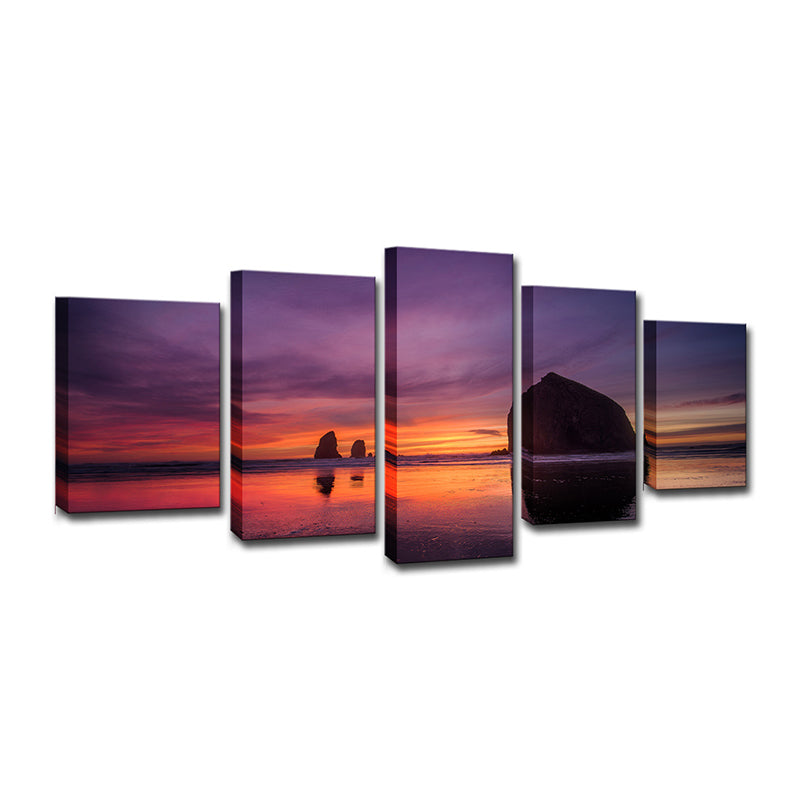 Purple Modernist Wall Art Decor Beach with Evening Glow Scenery Canvas for Bedroom