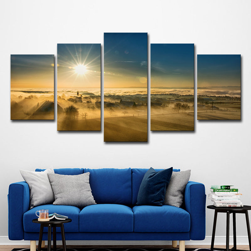 Sunset View of Village Canvas Art Modern Multi-Piece Wall Decor in Brown for Home