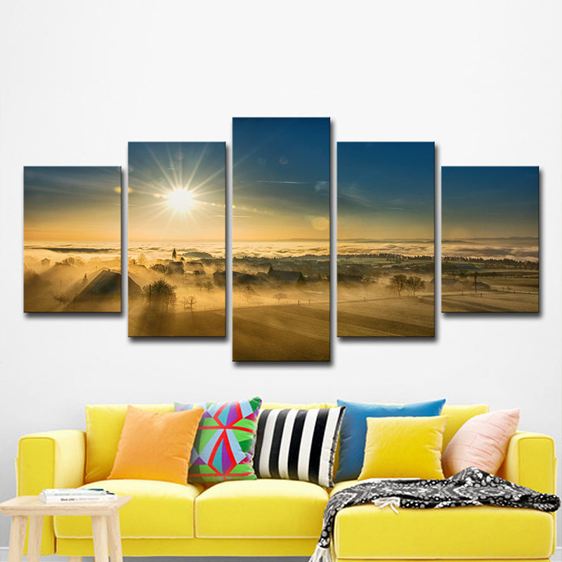 Sunset View of Village Canvas Art Modern Multi-Piece Wall Decor in Brown for Home