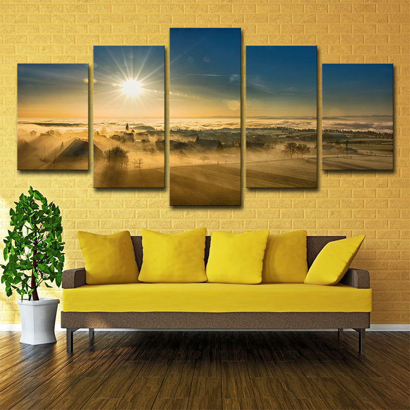 Sunset View of Village Canvas Art Modern Multi-Piece Wall Decor in Brown for Home