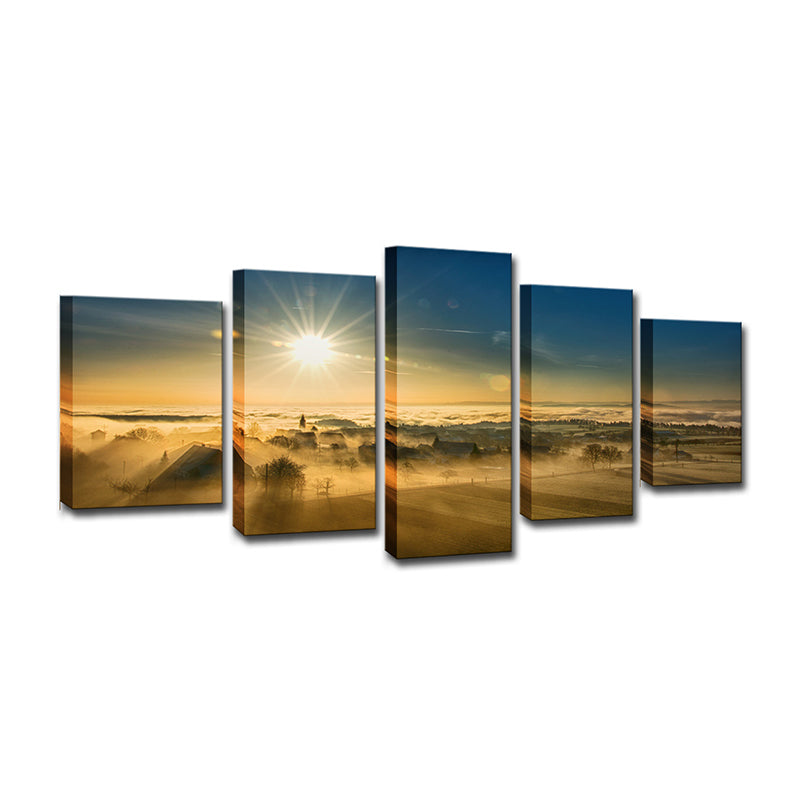 Sunset View of Village Canvas Art Modern Multi-Piece Wall Decor in Brown for Home