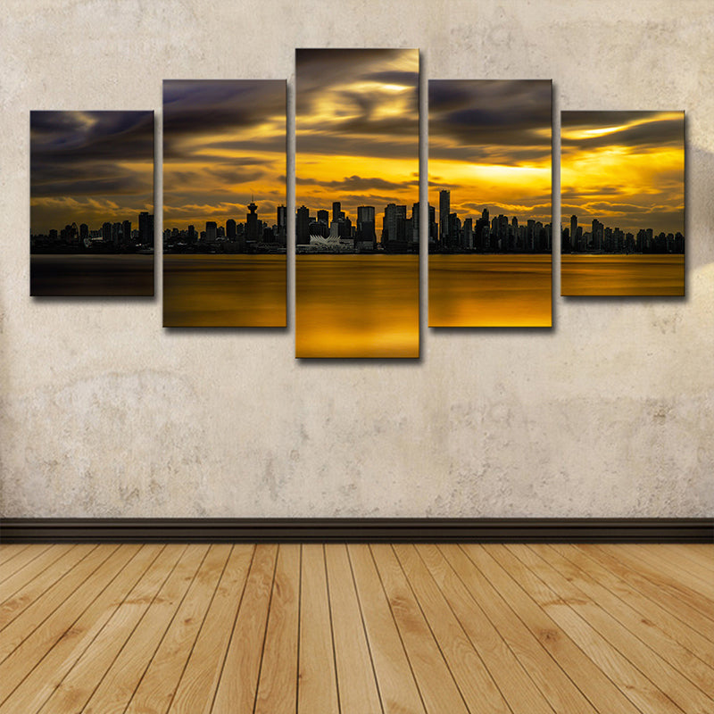 Yellow Sundown Landscape Wall Art Cityscape Modernist Multi-Piece Canvas Print for Corridor