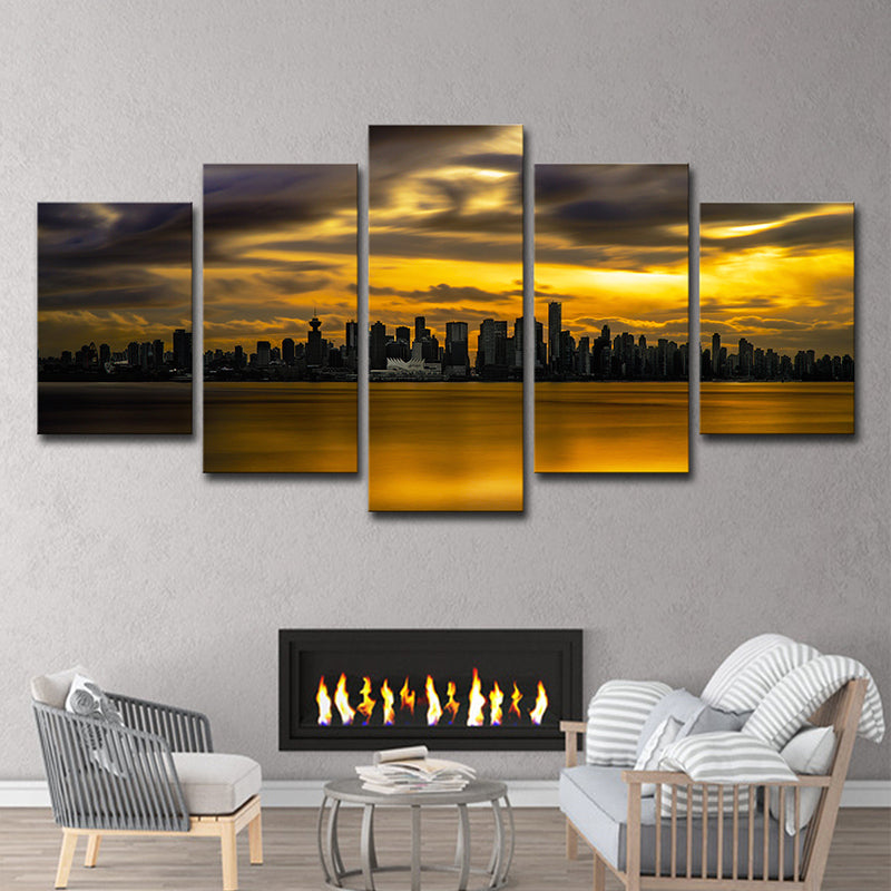 Yellow Sundown Landscape Wall Art Cityscape Modernist Multi-Piece Canvas Print for Corridor