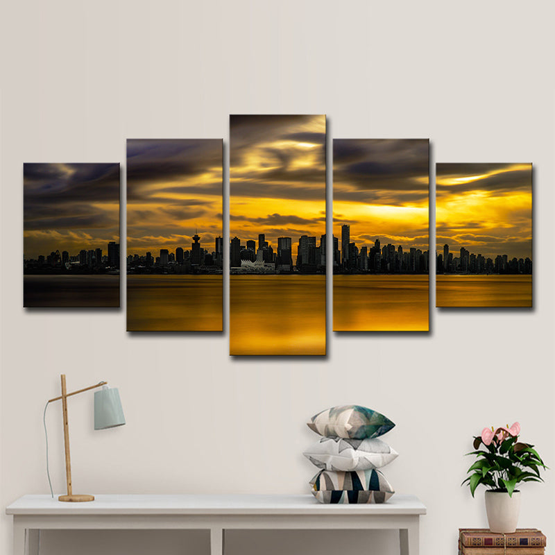 Yellow Sundown Landscape Wall Art Cityscape Modernist Multi-Piece Canvas Print for Corridor