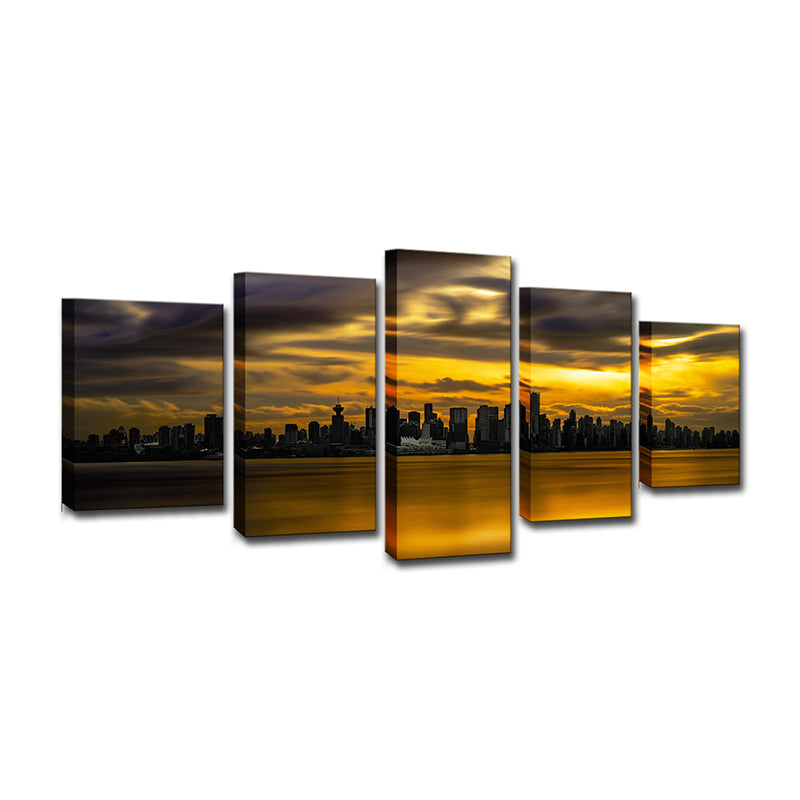 Yellow Sundown Landscape Wall Art Cityscape Modernist Multi-Piece Canvas Print for Corridor