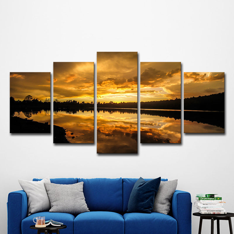 Yellow Contemporary Canvas Kaibab Lake Sundown Scenic Wall Art for Living Room