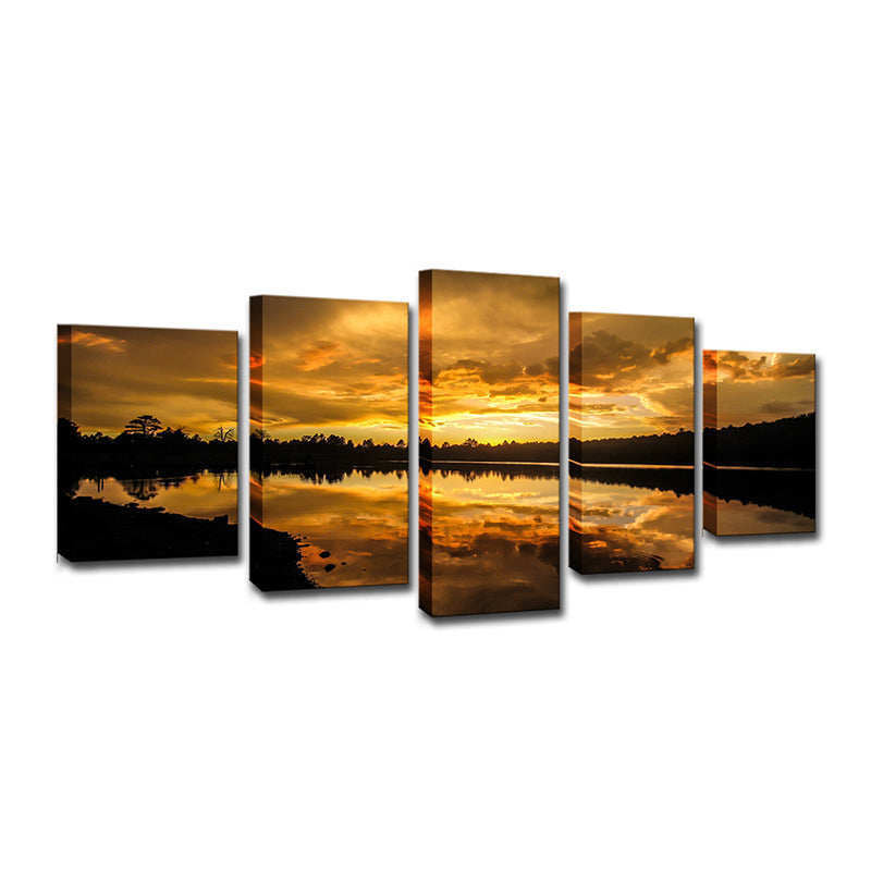 Yellow Contemporary Canvas Kaibab Lake Sundown Scenic Wall Art for Living Room