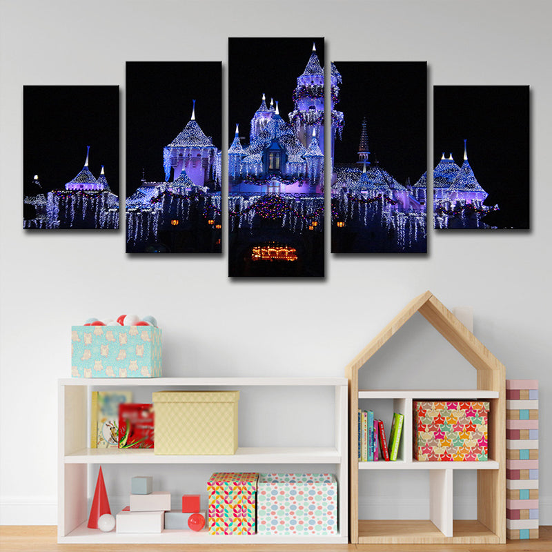 Modern Christmas Amusement Park Art Print Purple and Black Family Room Canvas, Multi-Piece