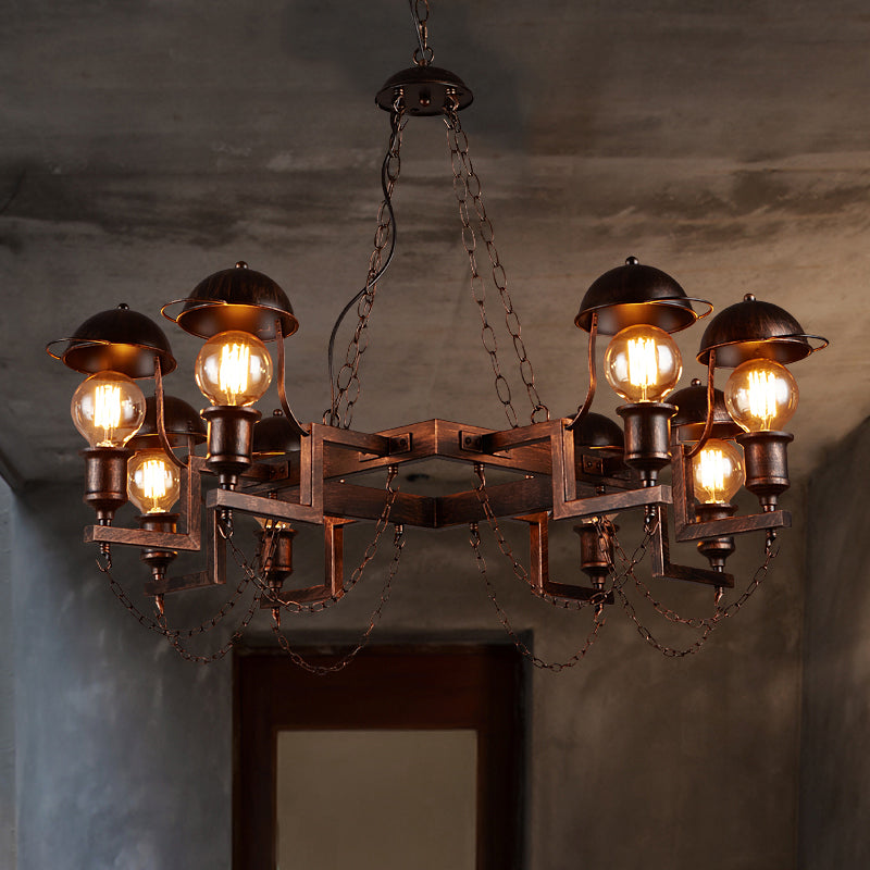 Metal Ring Hanging Lamp with Half-Globe Shade 8 Heads Antique Chandelier in Rust for Villa