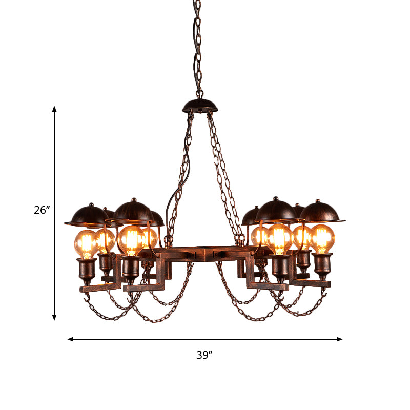 Metal Ring Hanging Lamp with Half-Globe Shade 8 Heads Antique Chandelier in Rust for Villa