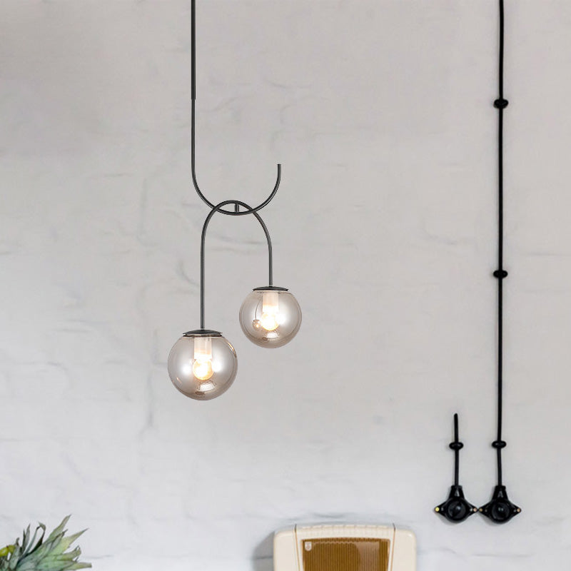 Industrial Globe Metal Down Lighting 2 Bulbs Milk White/Smoke Grey Glass LED Multi Light Pendant in Black/Grey/Gold