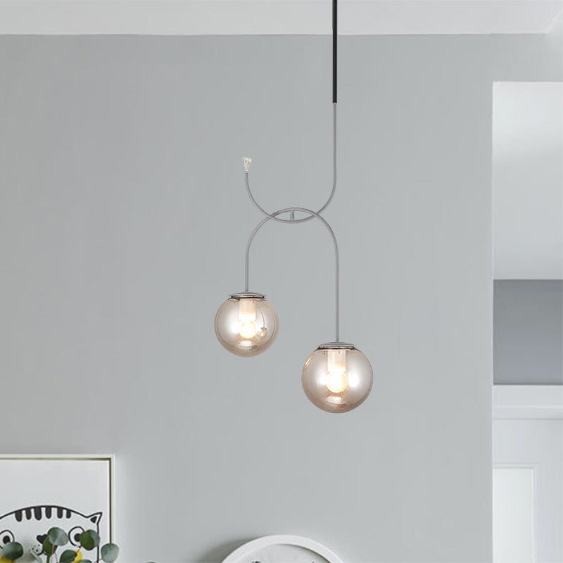 Industrial Globe Metal Down Lighting 2 Bulbs Milk White/Smoke Grey Glass LED Multi Light Pendant in Black/Grey/Gold