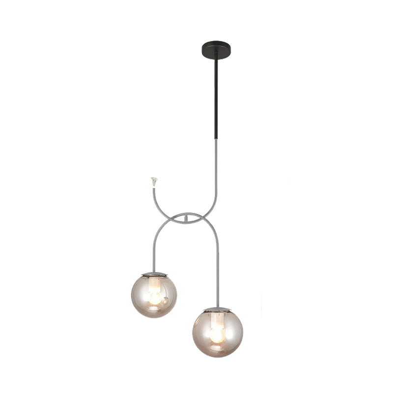 Industrial Globe Metal Down Lighting 2 Bulbs Milk White/Smoke Grey Glass LED Multi Light Pendant in Black/Grey/Gold