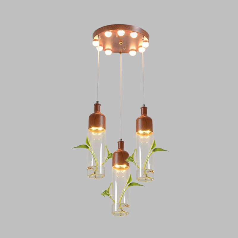 Antique Wine Bottle Cluster Pendant 3/5/7 Bulbs Metal LED Ceiling Light in Brown with Round/Linear Canopy