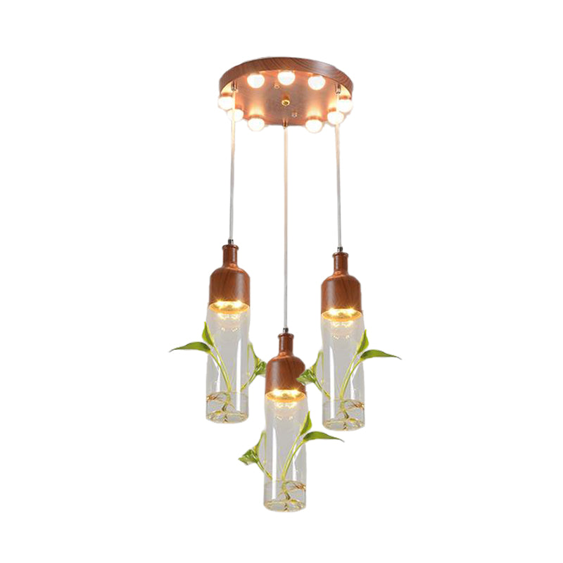 Antique Wine Bottle Cluster Pendant 3/5/7 Bulbs Metal LED Ceiling Light in Brown with Round/Linear Canopy