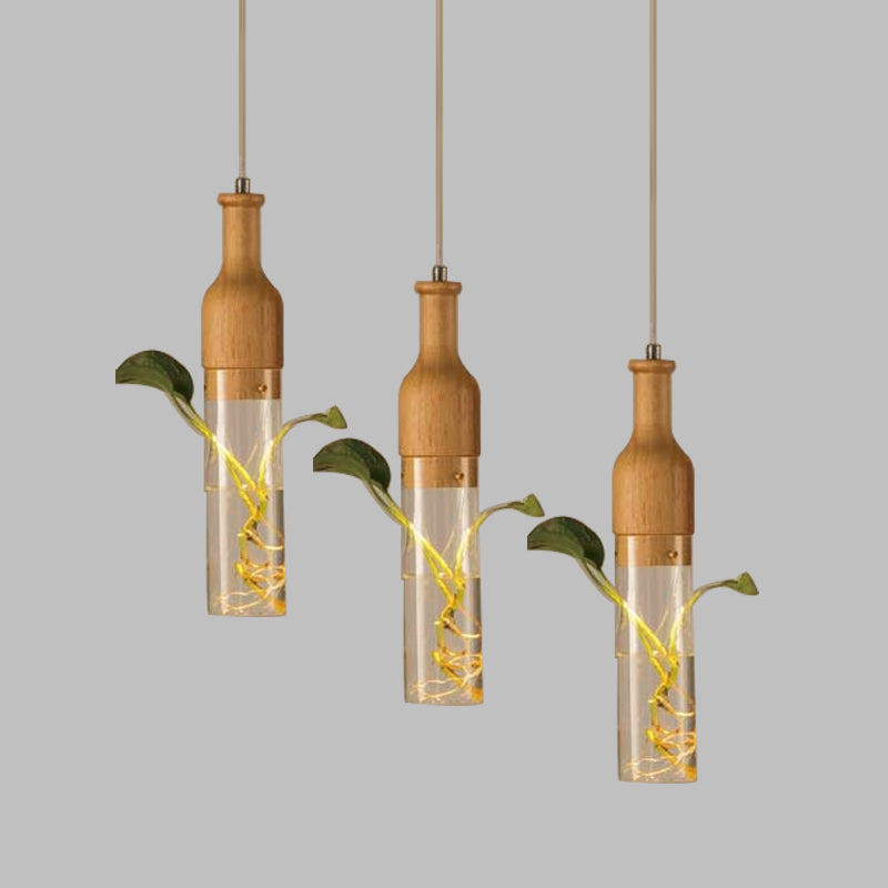 3 Bulbs Clear Glass Multi Light Pendant Industrial Wood Wine Bottle Restaurant Suspension Lighting