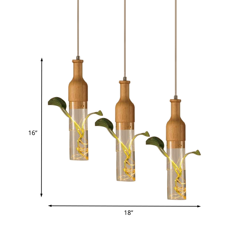 3 Bulbs Clear Glass Multi Light Pendant Industrial Wood Wine Bottle Restaurant Suspension Lighting