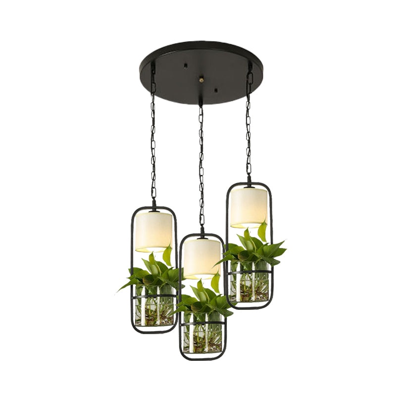 Cylinder Restaurant Cluster Pendant Vintage 3 Heads Black Suspension Lighting Fixture with Round/Linear Canopy